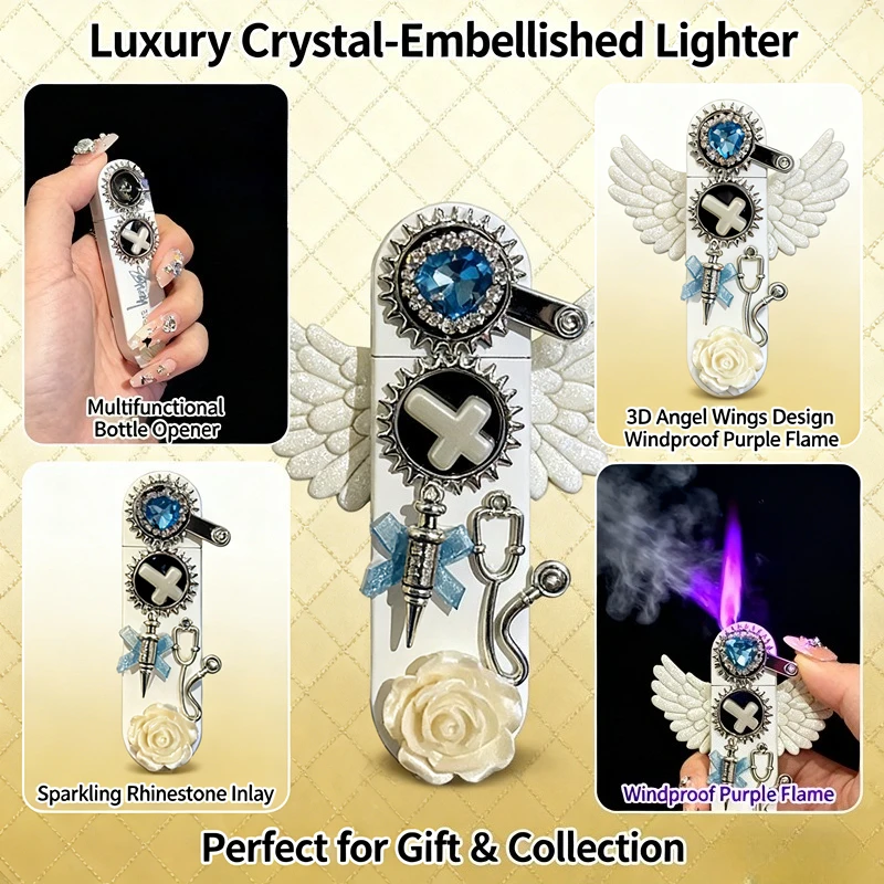 ولاعة أنيقة - أجنحة الملاك المتلألئة مرصعة بالألماس، تصميم سهل النفخ مقاوم للرياح، هدية مثالية للفتيات وإكسسوارات التدخين