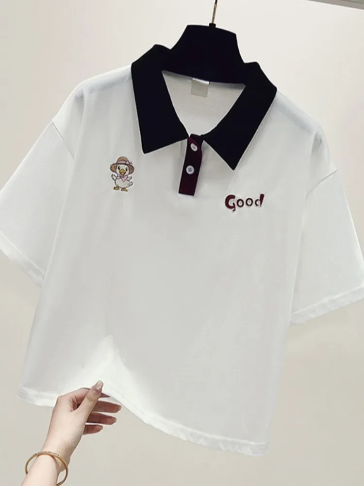 Colletto rovesciato ort Sve irt T-shirt ricamata bianca nuova estate da donna in puro cotone allentato f Sve Top