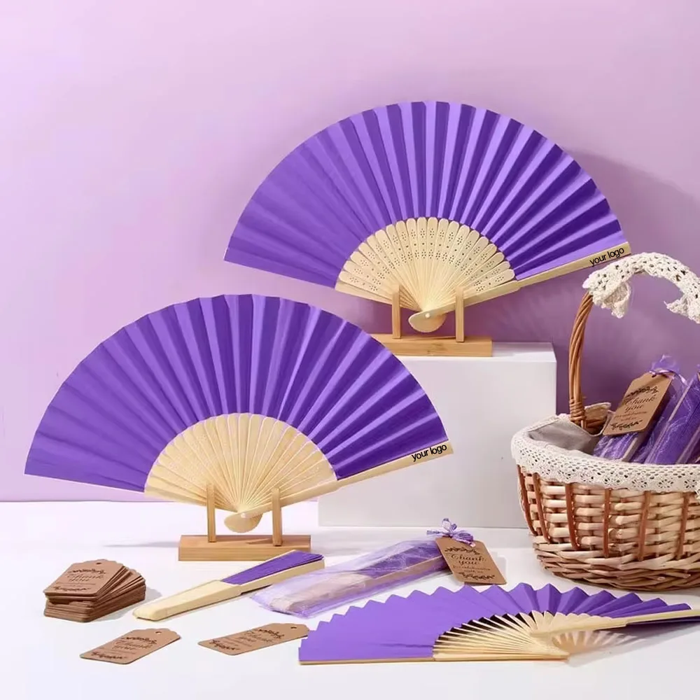 12Set/24Set/48Set/56Set Purple Handheld Folding Fans with Gift Bags, Thank You Cards, Customizable Engraved Names, or Commemorative Dates, Suitable for Home Diy, Office Decoration, Wedding Parties, Baby Showers, Etc., the Best Gift