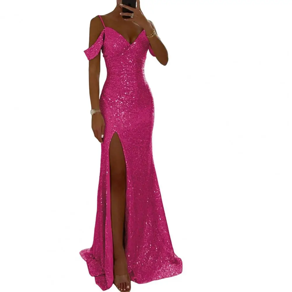 

V Neck Dress Elegant Sequin Ball Gown for Prom Wedding Parties Off Shoulder V Neck Maxi Dress with Side Slit Slim for Banquets