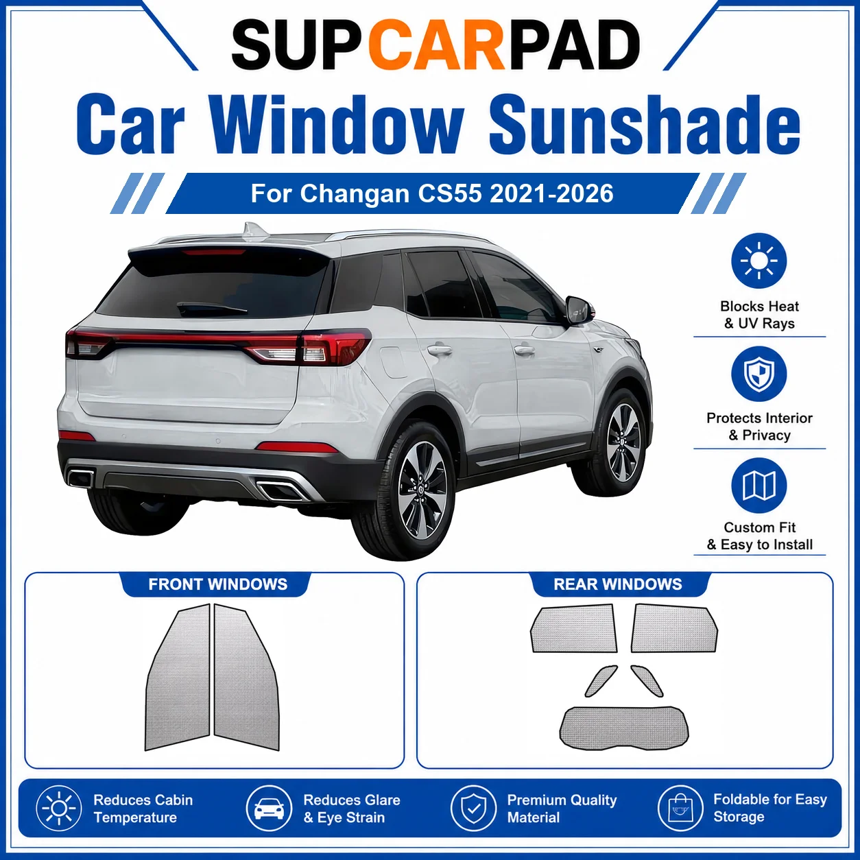 For Changan - Changan CS55 2021-2026 Full Set Car Window Sunshades UV Block Privacy Heat Insulated Foldable Car Curtain