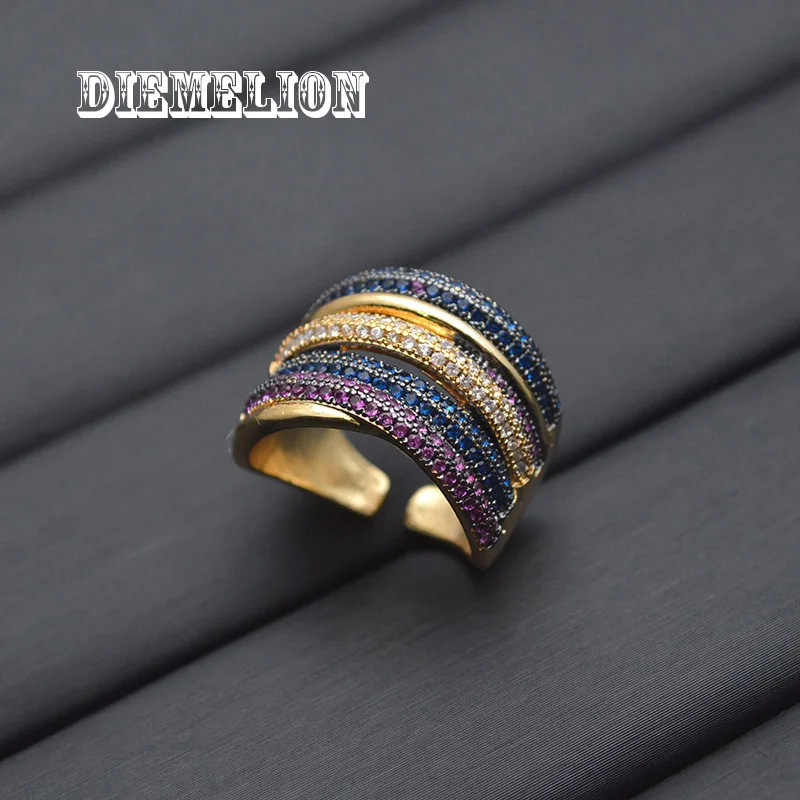 Luxury Designer Two Tone Gold Plated Micro Full Colorful CZ Rings for Women Geometry Shape Multi Layer Adjustable Big Ring