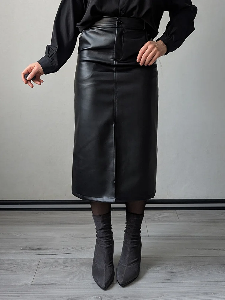 Long Leather Skirts For Women Brown High Quality PU Midi Bodycon Skirt Front Split High Waist Women's Leather Skirt Black Midi