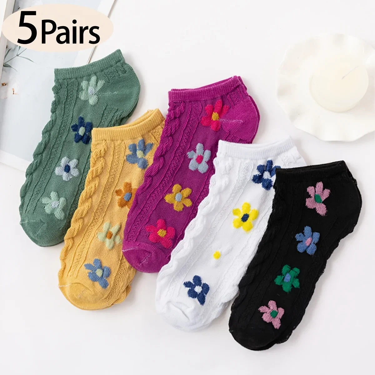 

5 Pairs Women's Floral Ankle Socks: Slip-Resistant Breathable Machine Washable for Everyday Wear - With Low-Tops Casual Shoes