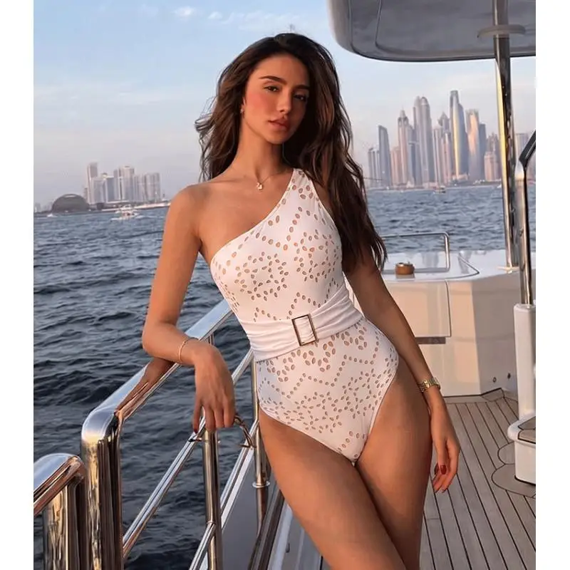 Flaxmaker Women Swimsuit And Skirt Sexy One Shoulder White Laser Cutting Flower Vintage Printed Swimwear Biquini conjunto de