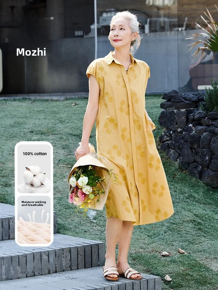 

Elegant Cotton Summer Dress for Middle-Aged And Elderly Women Breathable Short Sleeve Midi Dress Comfortable Loose Fit Fashio...