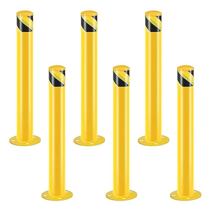 Safety Bollards Post 91cm Φ7.6cm, Industrial Yellow Powder Coated Steel Bollards with Anchor Bolts, Parking Bollard Post, 6pcs