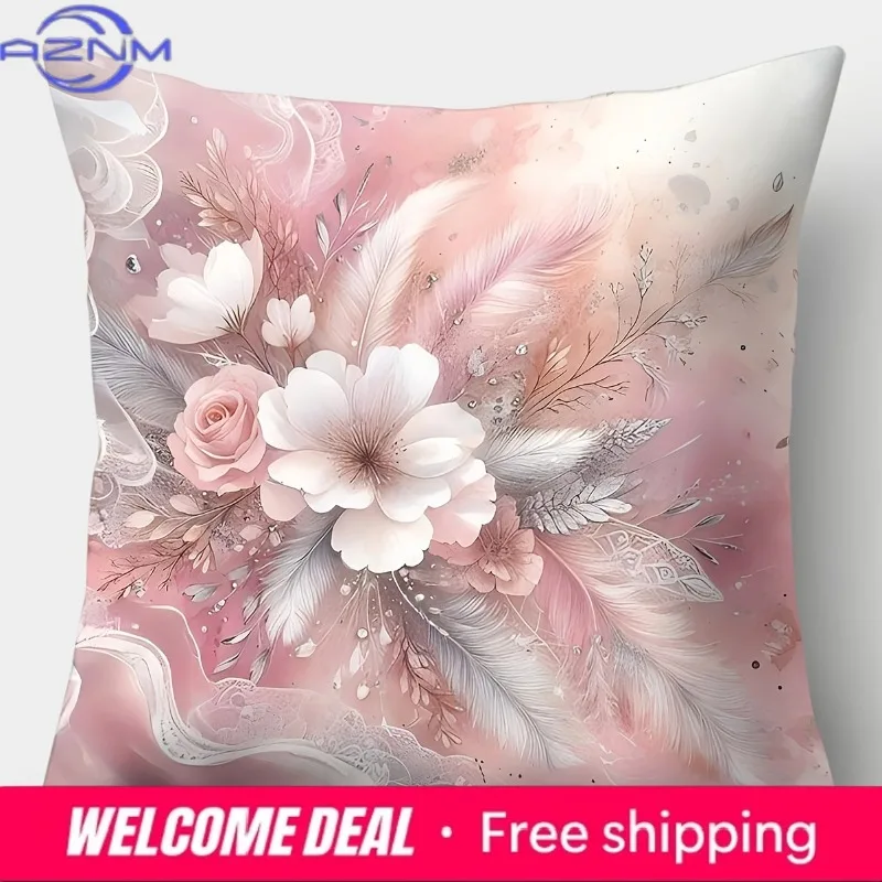 Home Decor Floral & Feather Pillowcase for Elegant Decor Pattern Cushion Cover Suitable for Sofa Bedroom Car Pillow Cover
