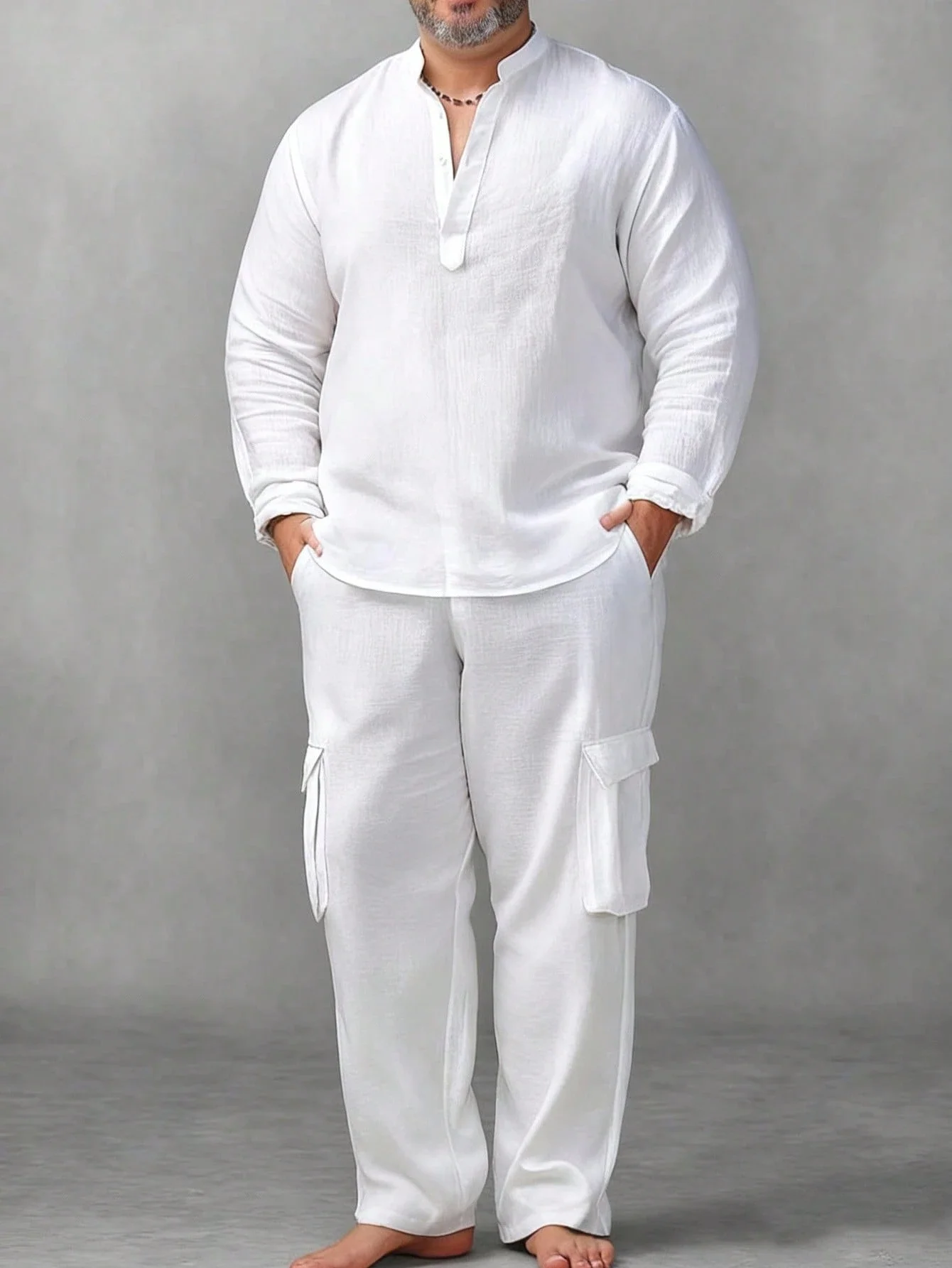 

Plus Size Men's Breathable Mandarin Collar Button-Up Long Sleeve Shirt And Pants Set Casual Loose Fit