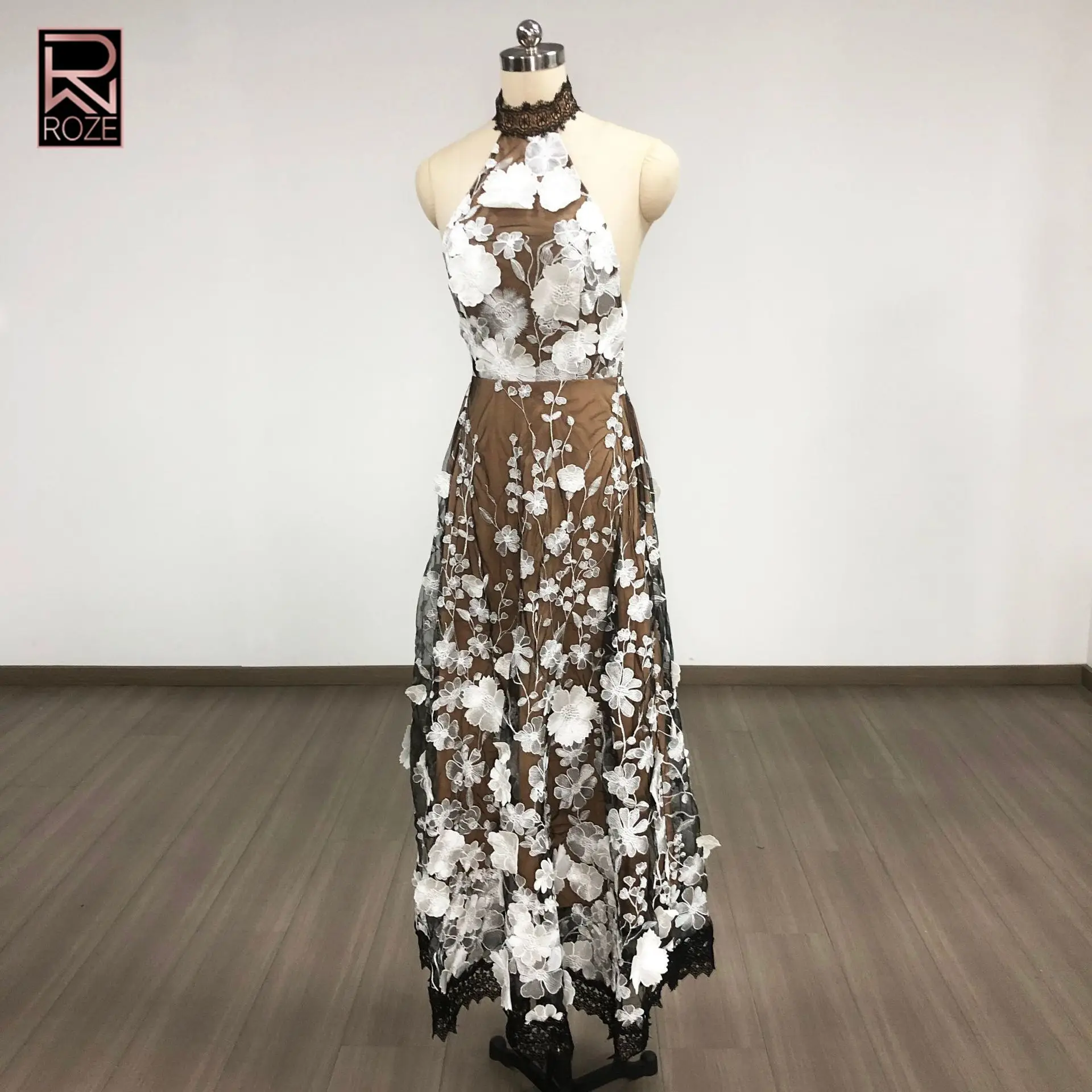 Robe dos nu florale collage – Robe dos ouvert et cintrée à la taille, robe d'ouverture de galerie