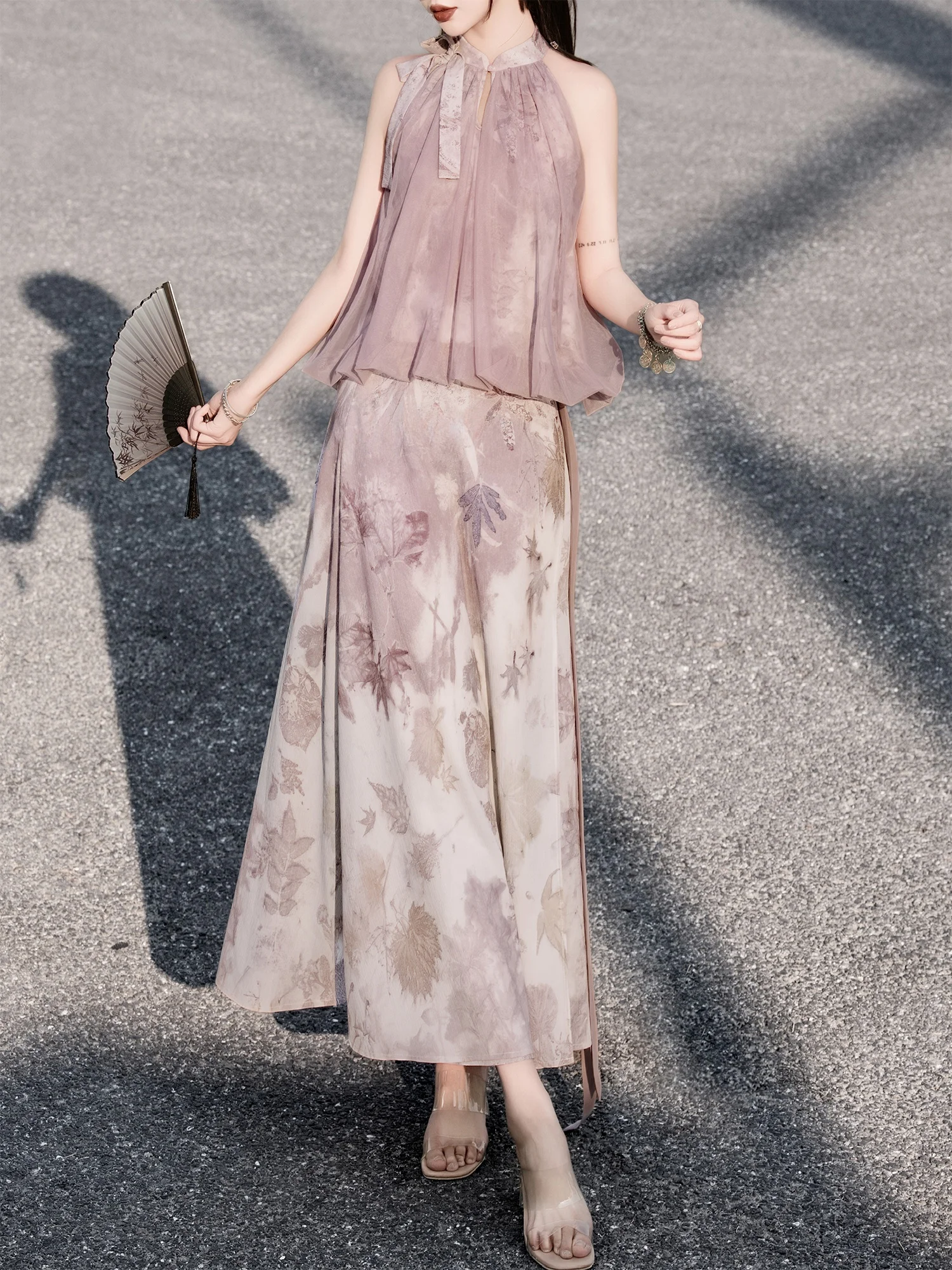 

Розовый пушистый топ-безрукавка и юбка А-силуэта, летняя верхняя одежда, оригинальный дизайн, полиэстер, средней длины