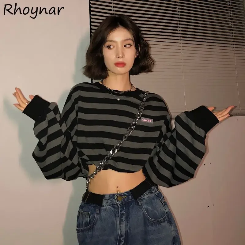 Chic Striped Short Sweatshirts Women Fashion Loose Leisure Young Popular All-match Cool Boyfriend Tops Girls Embroidery Ins New