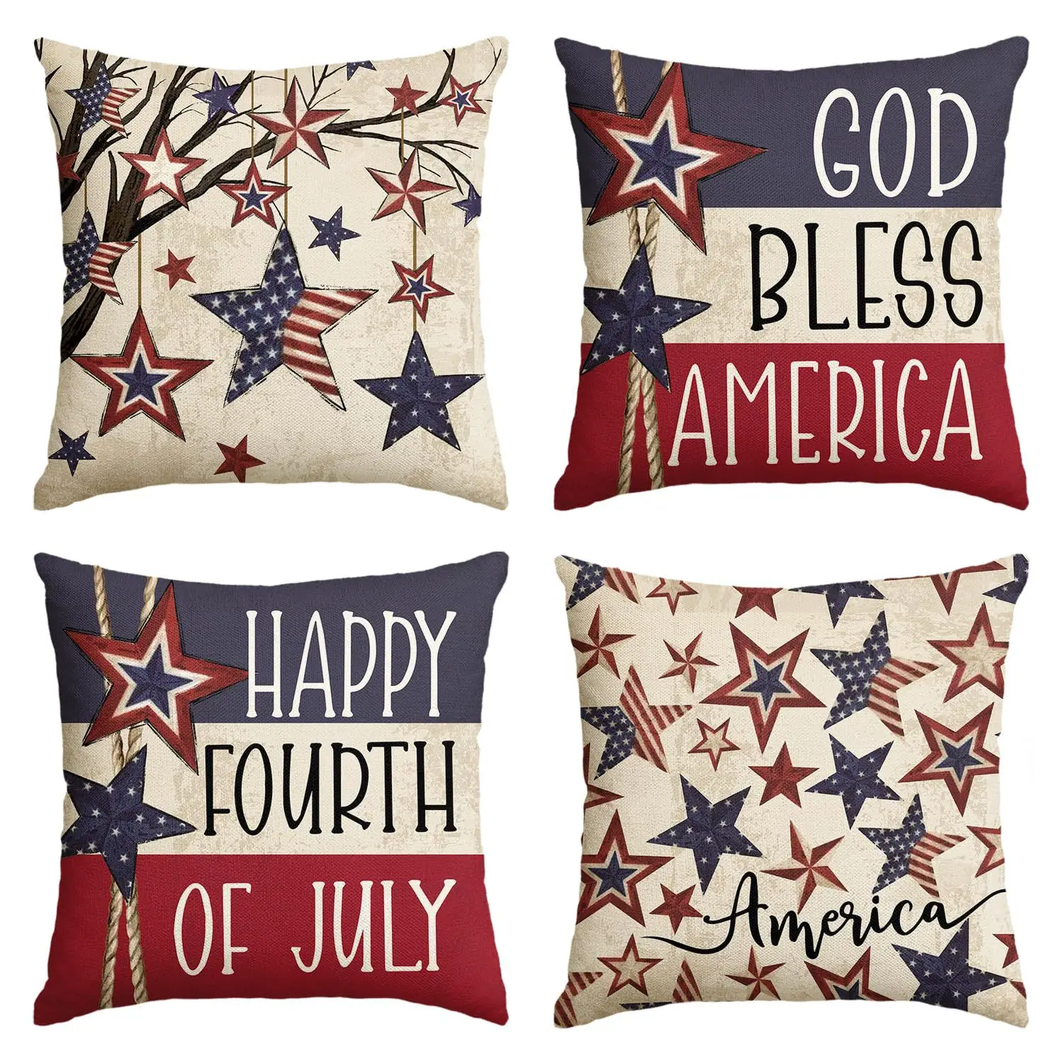 

4th of July Decorations Pillow Covers 45x45cm Set of 4, Independence Day Memorial Patriotic Freedom Stars Stripes Cushion Case