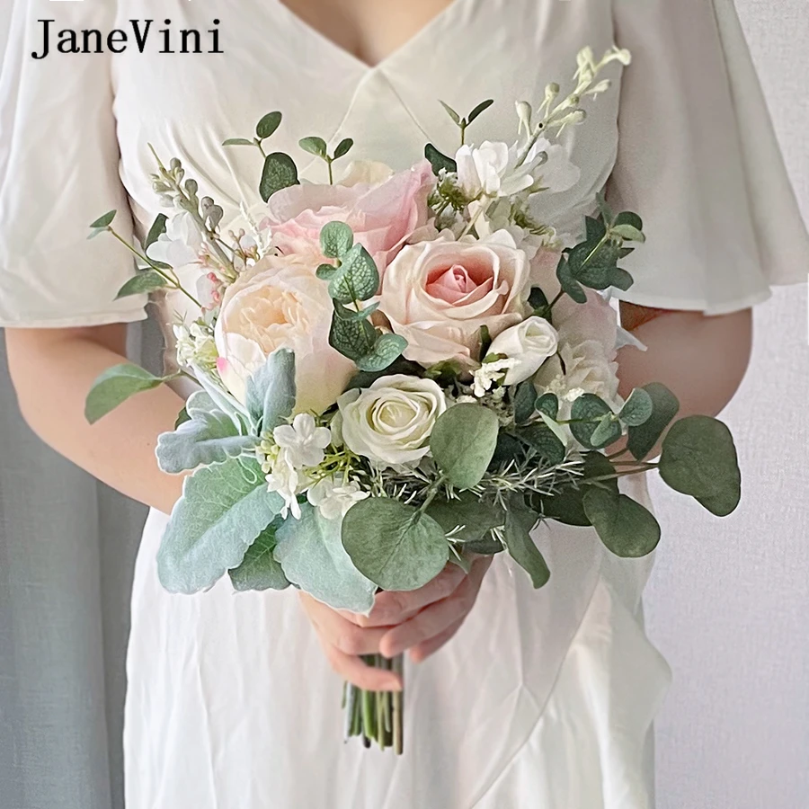 JaneVini Elegant White Bride Flower for Wedding Artificial Light Pink Roses Outdoor Bridal Bridesmaid Bouquets Ramo Flores Novia