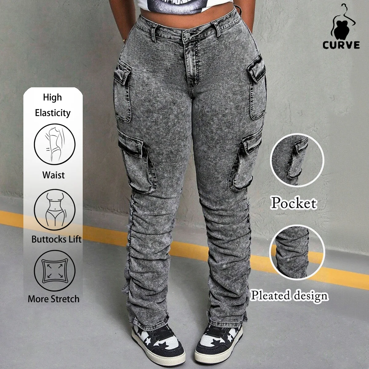 

Женские винтажные серые джинсовые джинсы-карго с высокой талией — боковые карманы, идеально подходят для дней на свежем воздухе и покупок