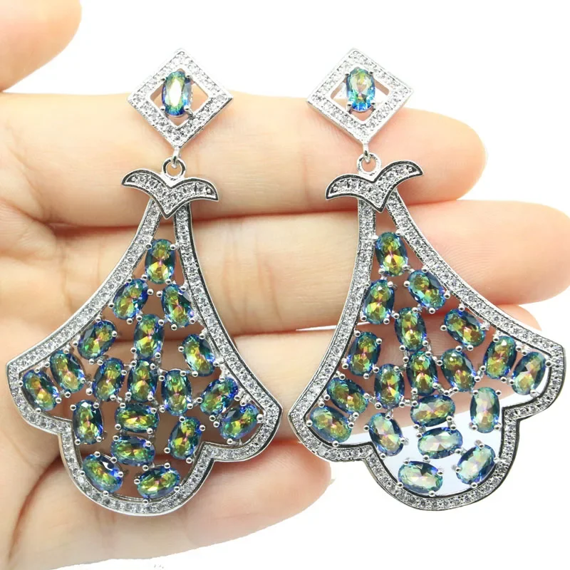 

Серьги из твердого серебра 925 пробы, 21 г, индивидуальные серьги с огненной радугой, мистическим топазом, фиолетовая шпинель, кунцит, золотой цитрин