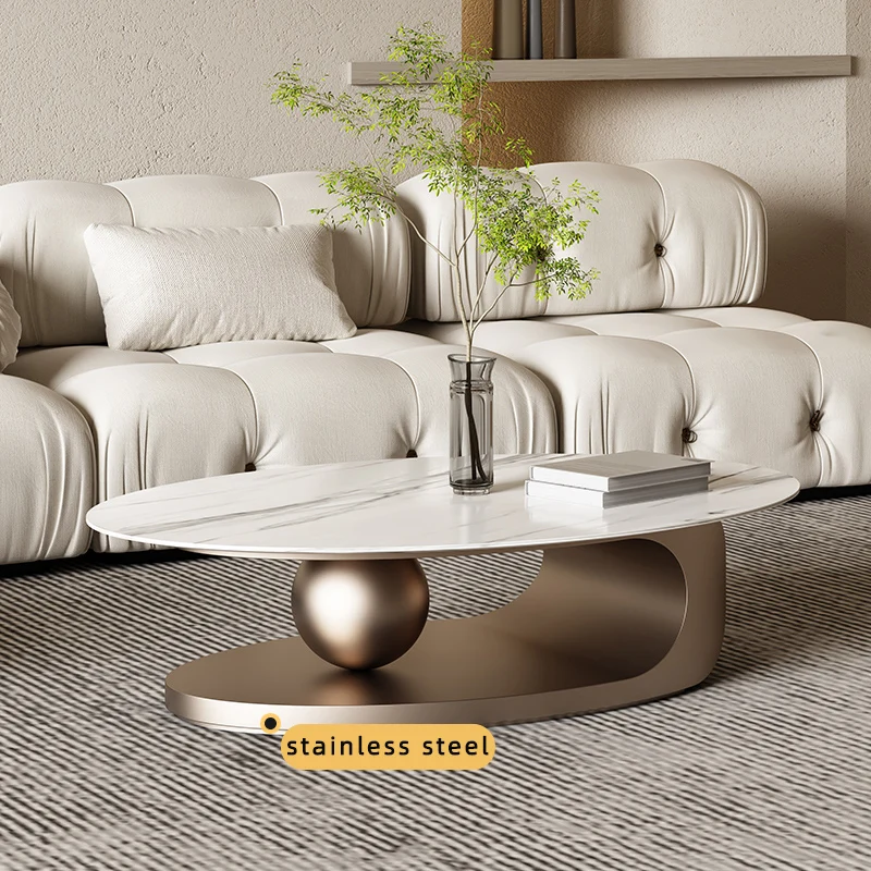 Modern Simple Designer Light Luxury Stainless Steel Oval Rock Board Coffee Table