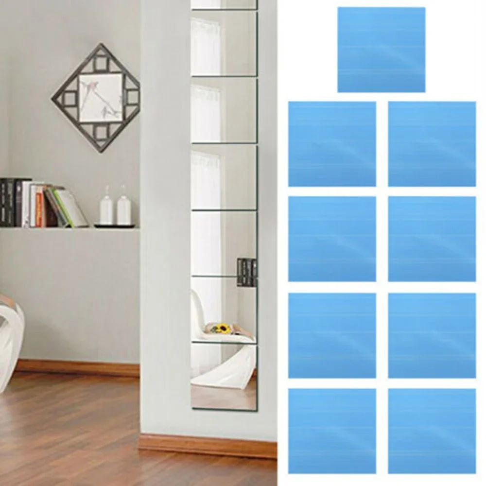 9Pcs 15CM Square Mirror Tile Wall Stickers Self-adhesive Decal Home Living Room Decor Waterproof Bathroom Mural Stickers