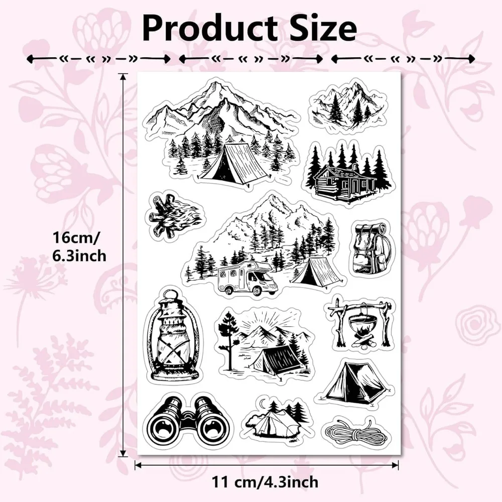 Mountain Camping Clear Rubber Stamp Vintage Forest Tent Retro Transparent Silicone Seals Stamp for Journaling Card Making DIY