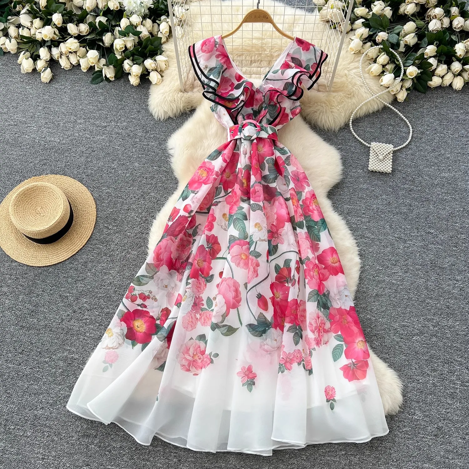 2025 Summer Gorgeous Flower Chiffon Holiday Dress Boho Women's V Neck Sleeveless Ruffles Floral Print Zipper Belt Long Robe