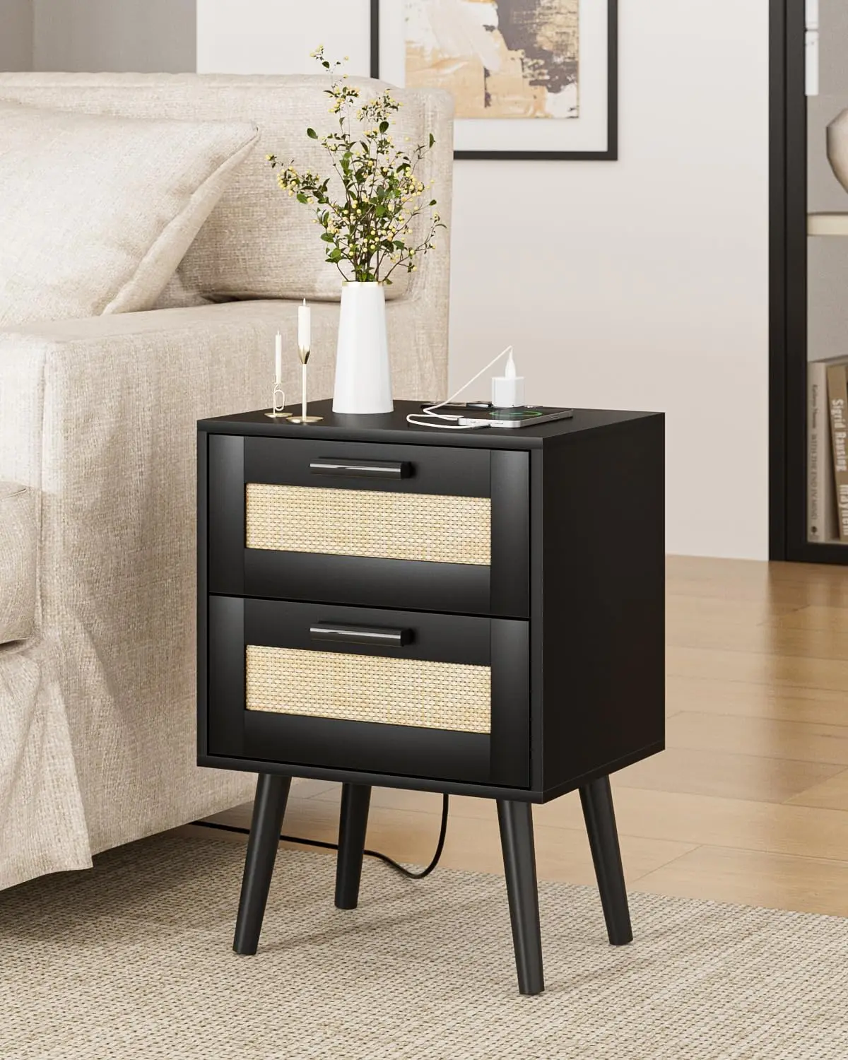 

Masupu Nightstand With Charging Station,Rattan Night Stand With Pe Rattan Decor Drawer,Small Bedside Table,Rattan Furniture,End