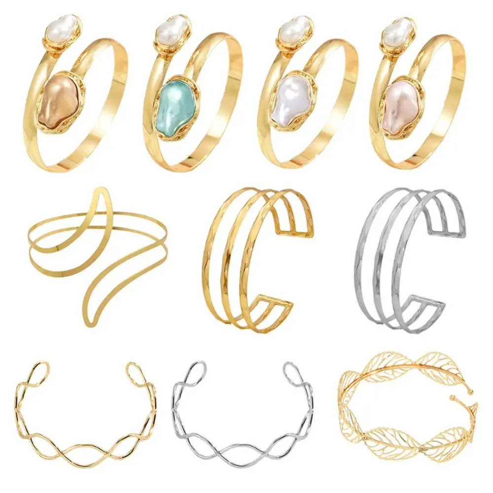 سوار ذراع مفتوح معدني براقة لون ذهبي متعدد الأنماط واسع مفتوح الإسورة الرجعية قابل للتعديل Armlet مناسبة الحفلات