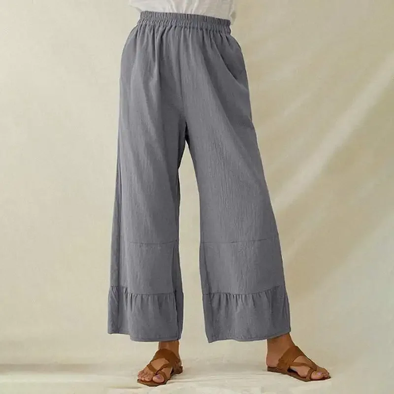 Women Oversized Fashion Loose Wide Leg Pants Simple Casual Ruffles Trouser Legs Long Pants 2024 Solid Colors Mid-Waist Trouser