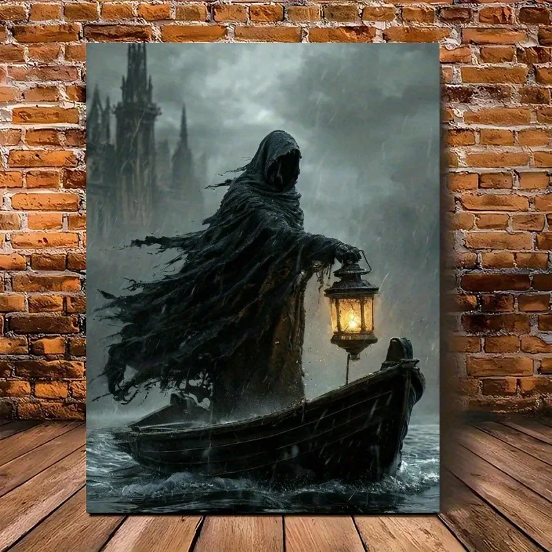 (No frame)1pc Canvas Wall Art, 2D Flat Wood Frame Home Mural Decor, Retro Gothic Dark Style, Holding Lantern Wooden Frame Pri