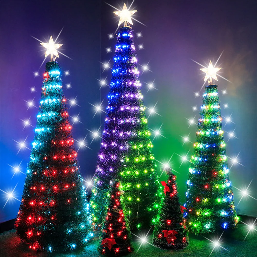 1.2/1.5/1.8M Artificial Christmas Tree With RGB Fairy String Light LED Lighted Xmas Tree Garland For Outdoor Holiday Party Decor