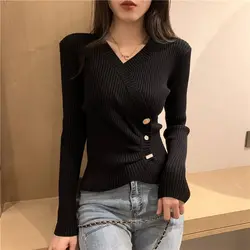 Irregular Spliced Slim Knitted Sweaters Autumn Winter Solid Color Female Clothing Elegant V-Neck Fashion Folds Button Jumpers