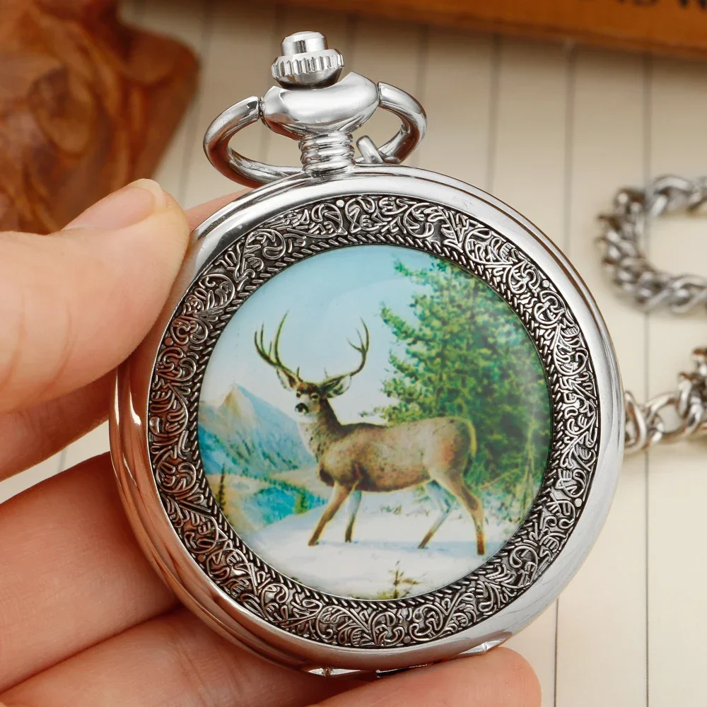 Retro Silver Elk Display Hand Winding Mechanical Pocket Watch Moon phase Roman Numeral Display Mechanism Pocket Clock