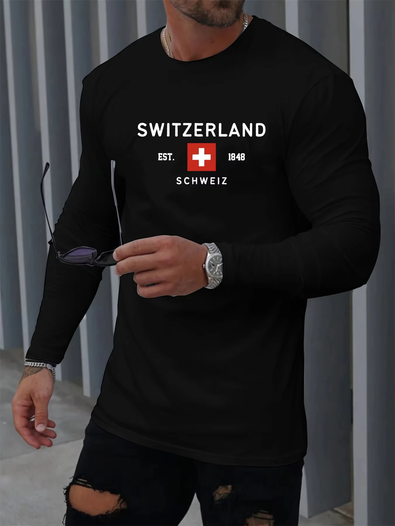 تي شيرت رجالي أساسي لخريف وشتاء 2026 مريح غير رسمي رياضي سويسري مطبوع برقبة دائرية وأكمام طويلة ملابس دافئة #5