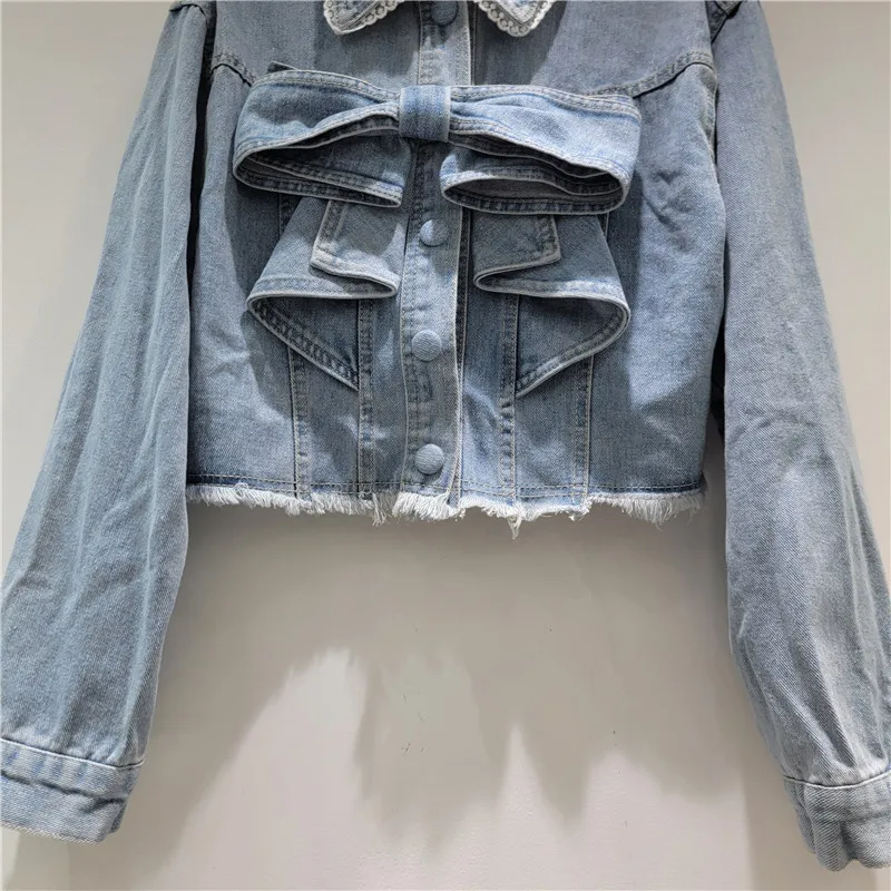 2025 Autumn Winter New Design Sense Bow Collar Lace Frayed Blue Denim Jacket Women's Jean Jacket Trendy Fashion Female Coat
