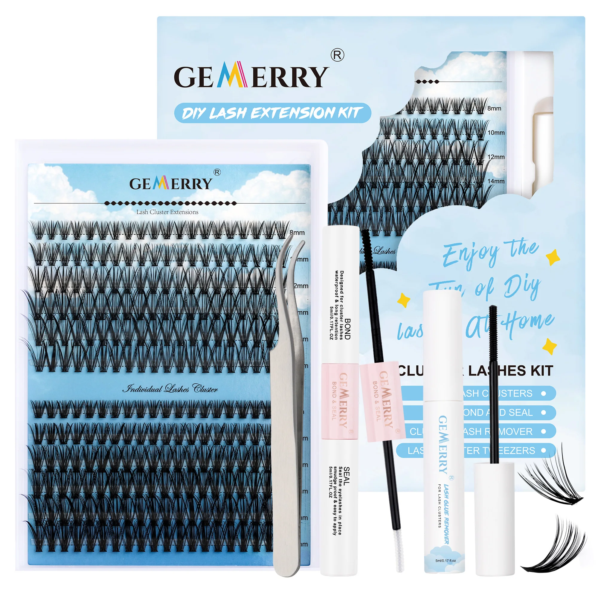 Gemerry 40P/50P DIY Lashes Extension Kit With 280 PCS False Lash Clusters Lash Bond And Seal Lash Glue Remover And Lash Tweezers