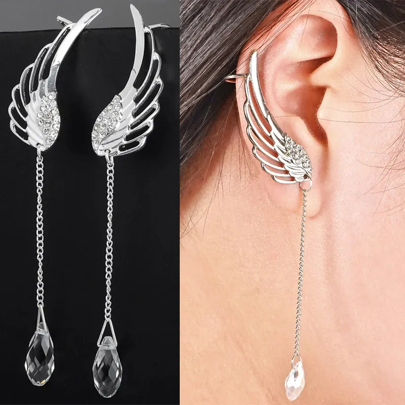 Fashion Angel Wings Crystal Earrings for Women Drop Dangle Ear Stud Long Cuff Clip on Earrings Bohemia Tassel Ear Party Jewelry