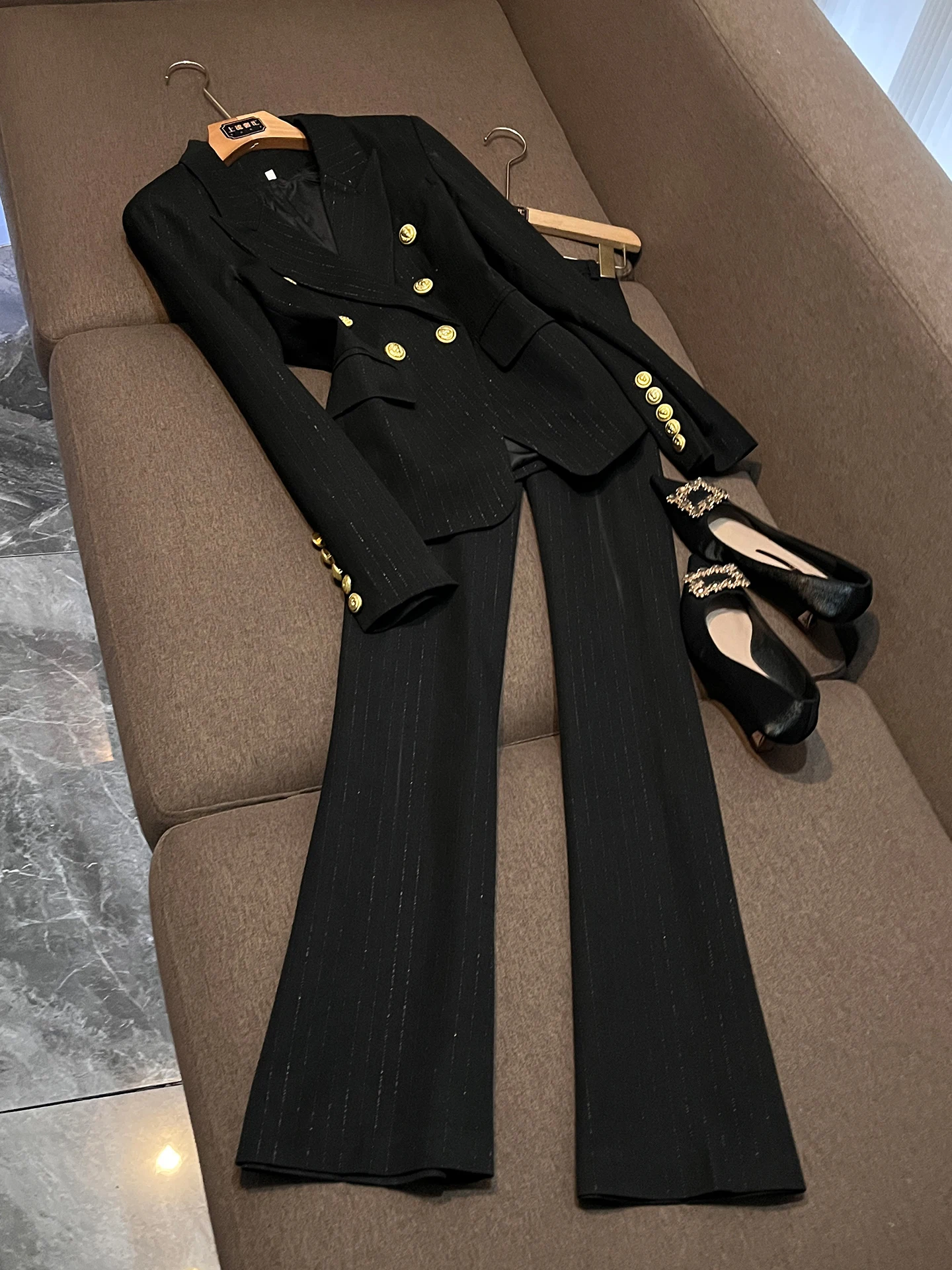 

Ele Slim Fit Striped Suit Set for Women Spring Profional Double Breasted Waist Cinched Two Piece Set Busin Wear