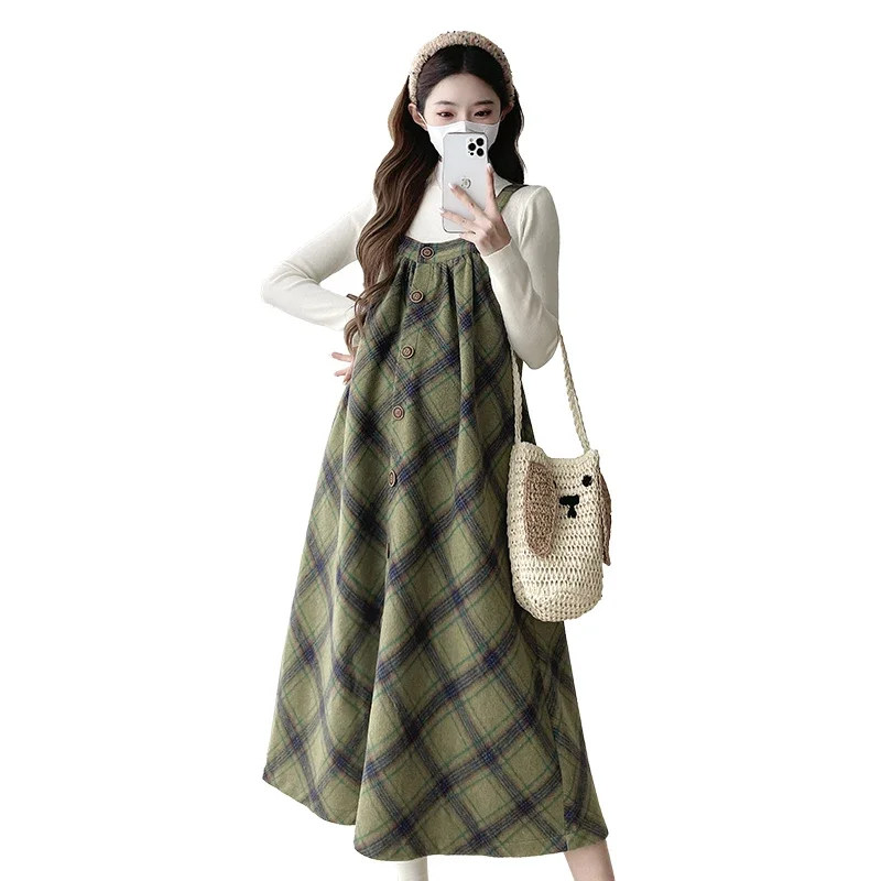 Plus Size Maternity Dress Suits Autumn Long Sleeve Slim Shirt+green Plaid Strap Dress Twinset Fashion Pregnant Woman Clothes Set