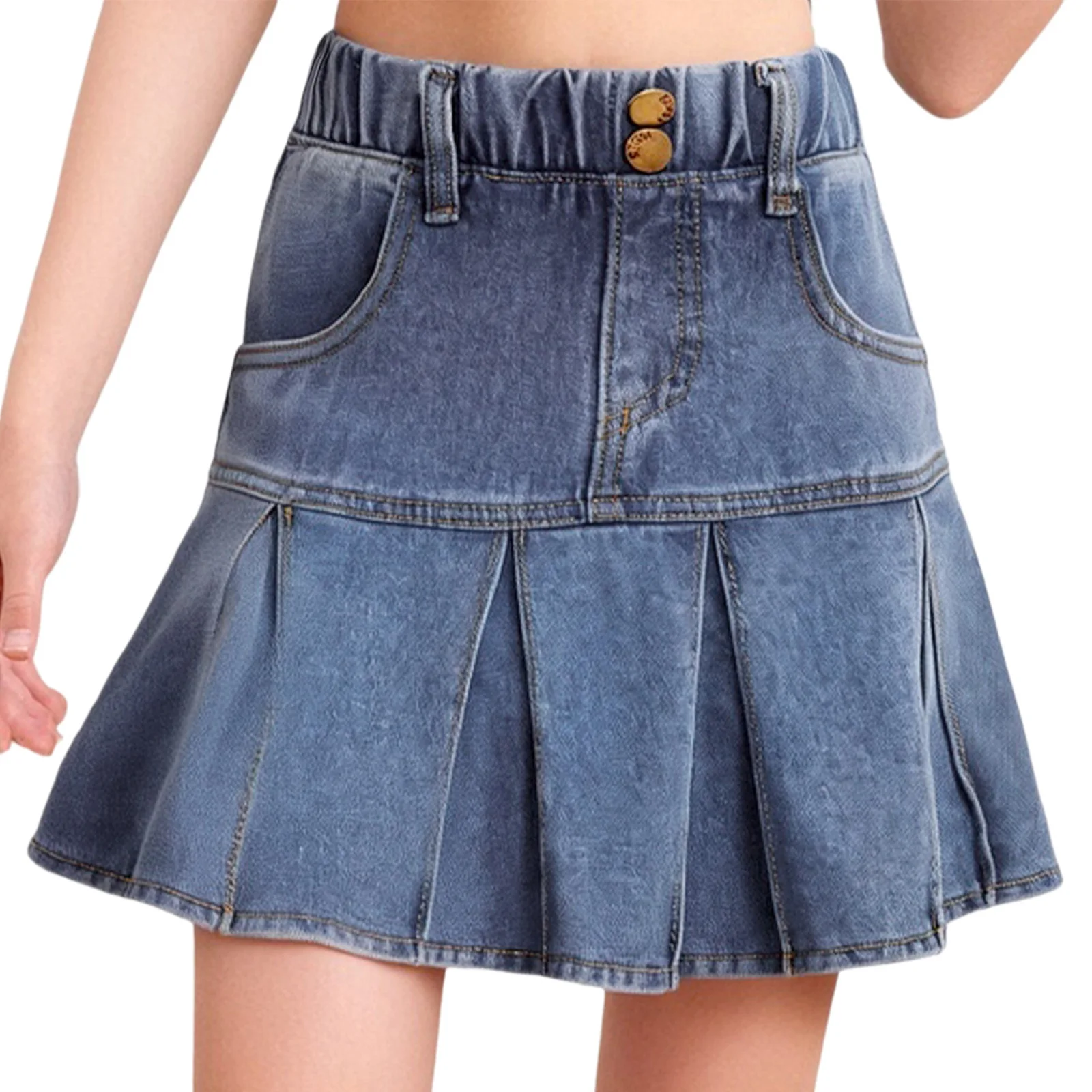 

Little Girl's Kids Denim Skirts Mini Flared Pleated Toddler Jean Skirts with Shorts Underneath for Birthday Picnic Park Vacation