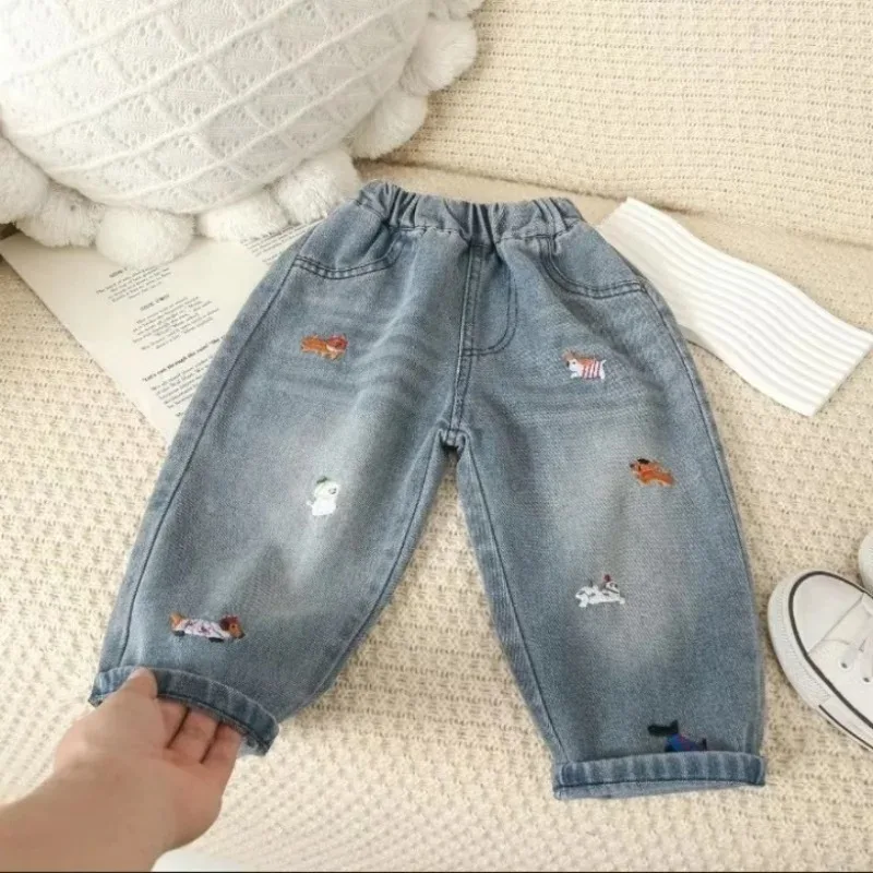

Autumn Kids Pants Cartoon Embroidery Boys Loose Jeans Soft Casual Denim Trousers Children Outwear Girls Pants For