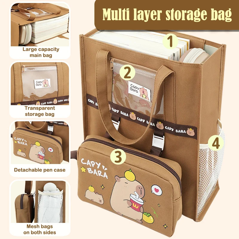 Kawaii Kapibara Panda Ders Çantası İlköğretim Okulu Öğrenci Depolama Dosya Çantası Karikatür Sevimli Baskı Büyük Kapasiteli Ders Çantası