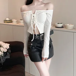 Patchwork Lacing Solid Color Ladies Sexy Tops Summer Slim Slash Neck Long Sleeve Pullovers 2024 New Fashion Women's Clothing