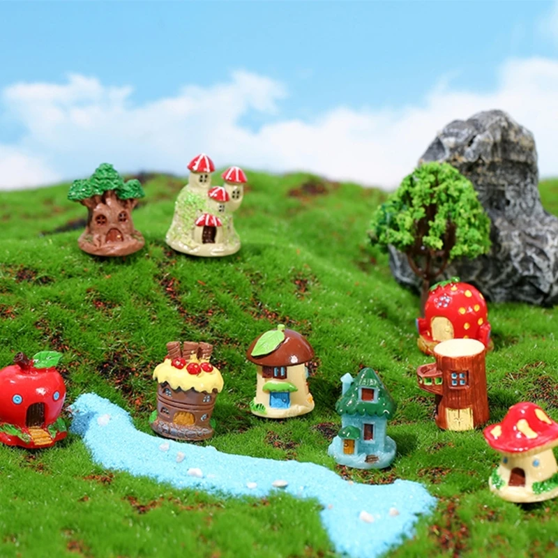 

9pcs Miniature Tree House Figurines Ornaments Mini Fairy castle Mushroom House Sculpture for Home Garden Yard lawn Decoration