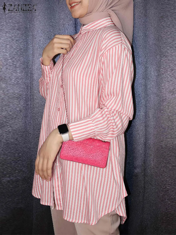 

2024 ZANZEA Women Striped Blouse Summer Fashion Long Sleeve Muslim Tops Casual Lapel Neck Button Up Blusas Elegant OL Work Shirt