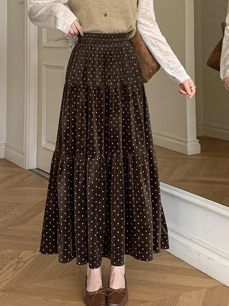 Vintage Polka Dots Long Skirt Women Spring Autumn French Elegant A Line Skirts High Waist Office Lady Retro Folds Casual Skirt