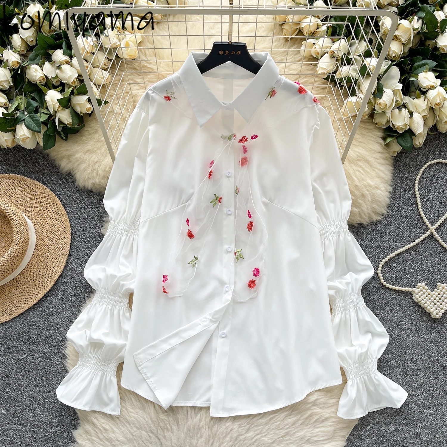 

Floral Embroidery Woman 2025 Shirts & Blouses Sweet Fresh Blusas Mujer Gentle Puff Long Sleeve Ropa Loose Clothing Camisas