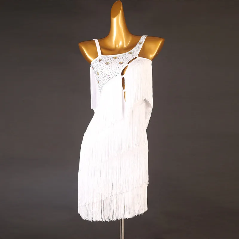 One‑shoulder Spaghetti Strap Hollow Rhinestone Spliced Multi‑layer Diagonal Tassel Short Dance Dress For Latin Dance Competition