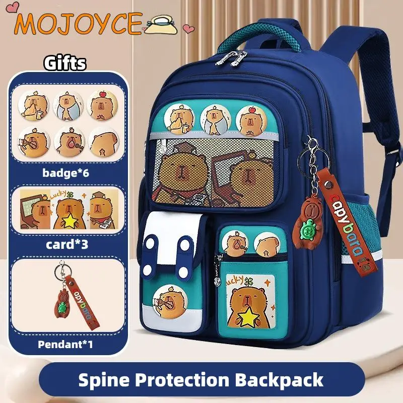 

Children Capybara Backpack Protecting Spine Student Schoolbag with Card Badge Doll Waterproof Large Capacity Cartoon Book Bags