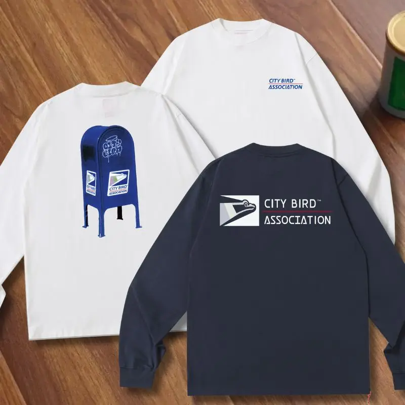 

25ss топы унисекс, новые футболки с длинными рукавами и принтом городских птиц, уличная одежда для мужчин и женщин, хлопковые тканые толстовки с красной веревкой