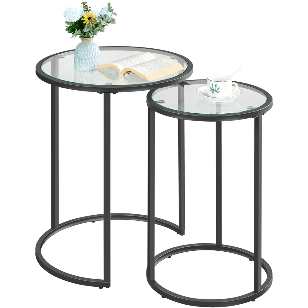 Round Iron Nesting Tables, Gold/Clear, Set of 2 19.50 X 19.50 X 23.50 Inches  Side Table  Round Table  Small Table