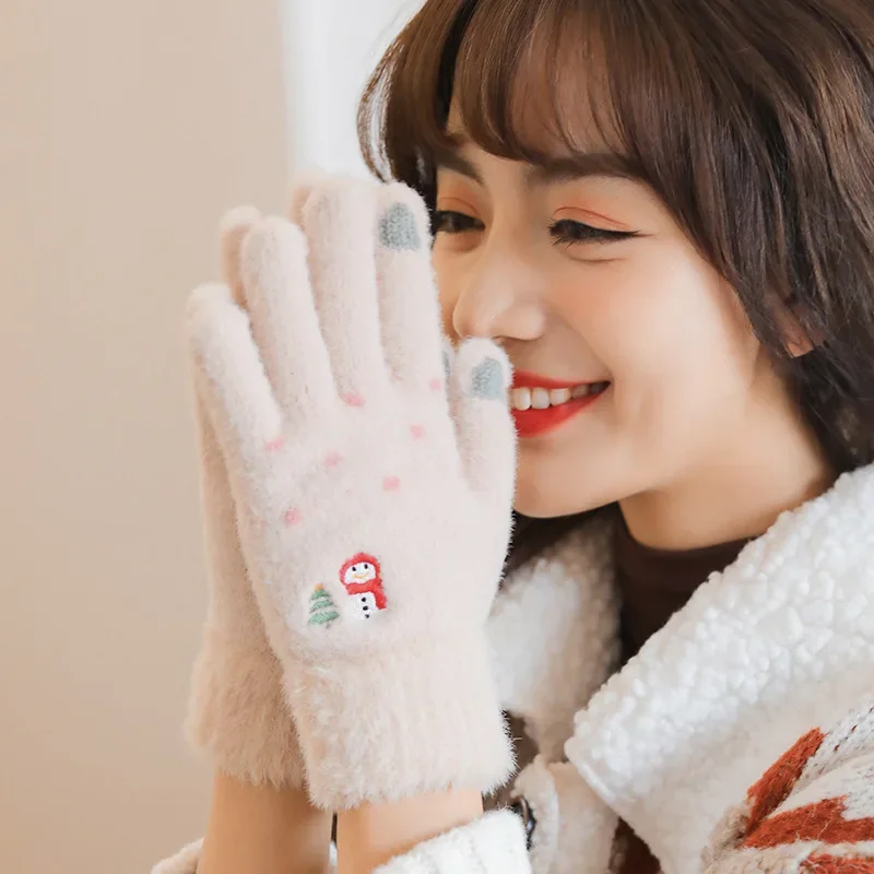 Теплые мягкие пушистые женские перчатки с полным пальцем и сенсорным экраном, милые вязаные перчатки с пятью пальцами и вышивкой снеговика, модные зимние